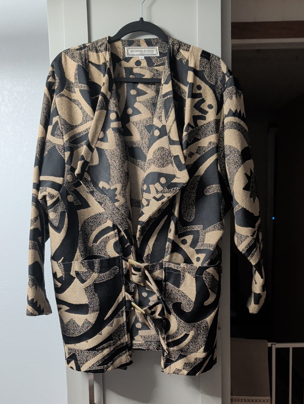 Black and Beige Abstract Belted Cardigan